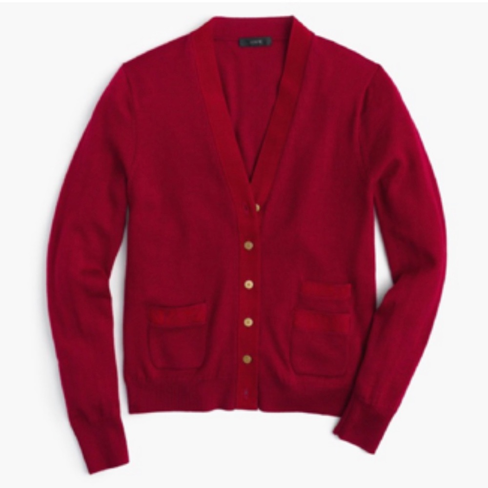 J. Crew Size S Red Merino Wool V-Neck Cardigan - Gold Buttons
